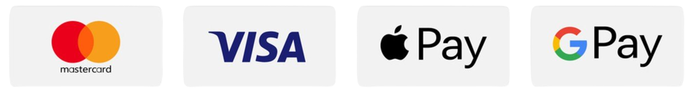 Accepted payment methods: Apple Pay, Google Pay, Visa, Mastercard
